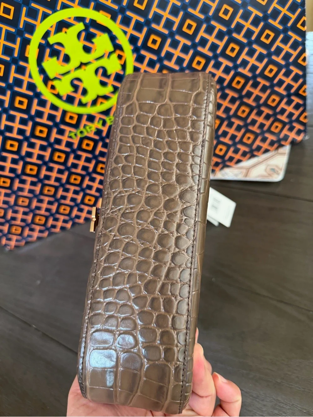 Tory Burch Britten Brown Croc-Embossed Shoulder Bag with Gold Logo